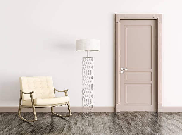 Interior of a room with door and rocking chair 3d rendering