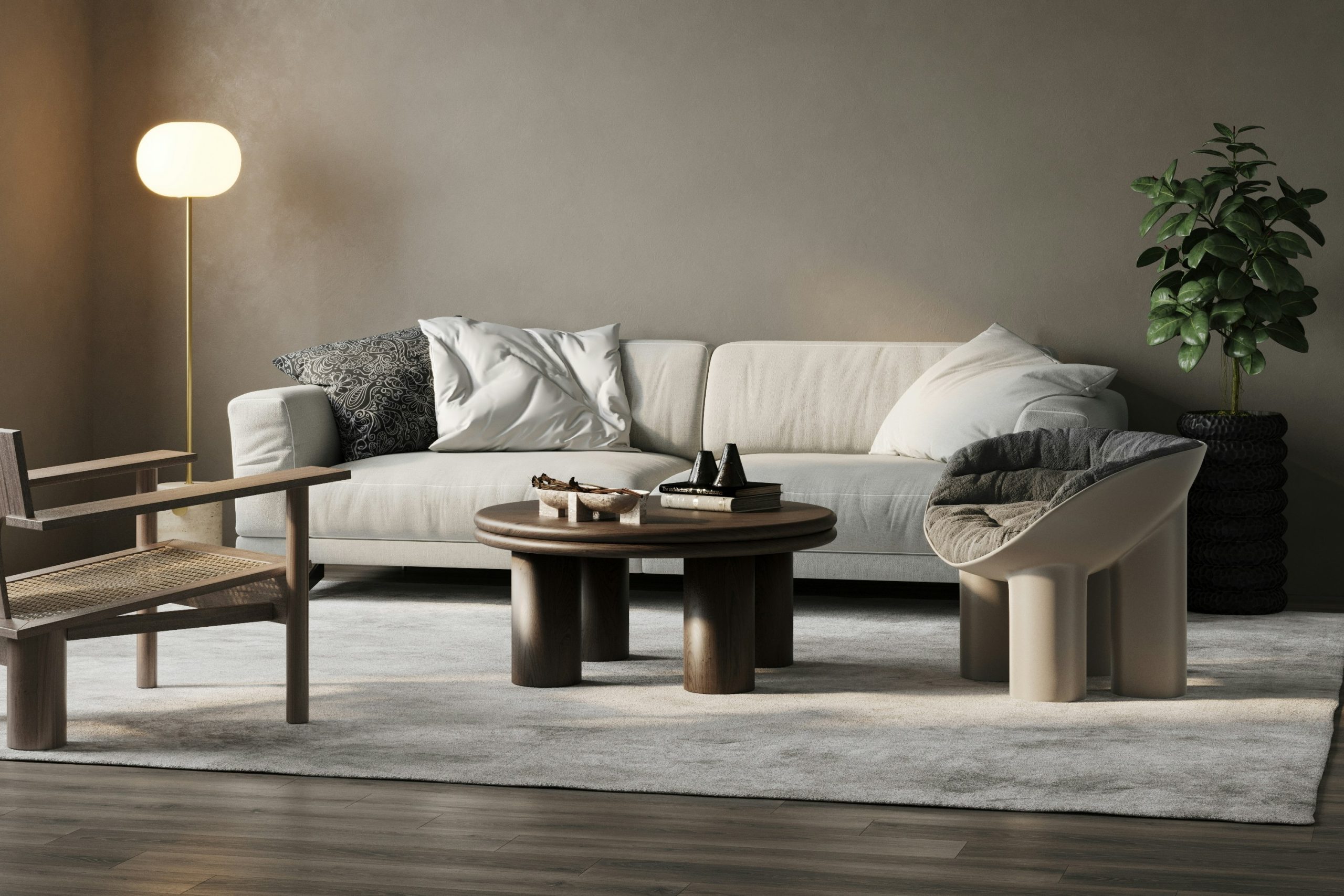 a living room with a sofa and a table