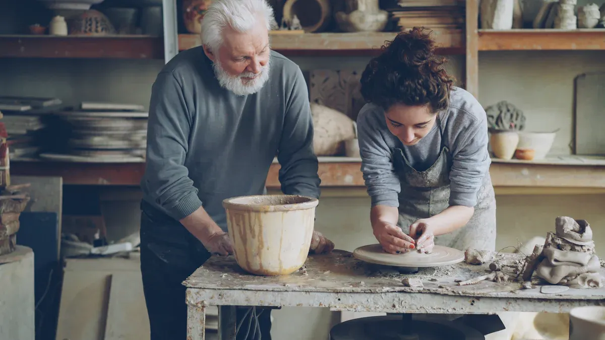A man is teaching a woman how to make ceramics