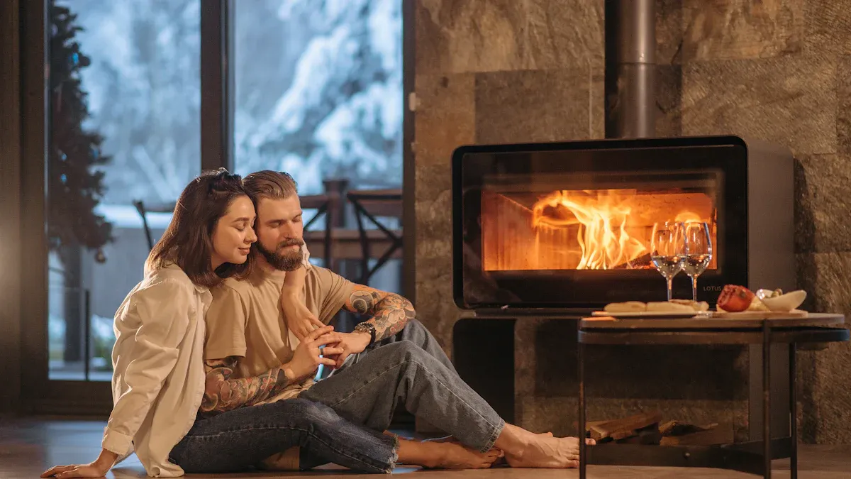 a man and woman sitting on the floor by a fireplace